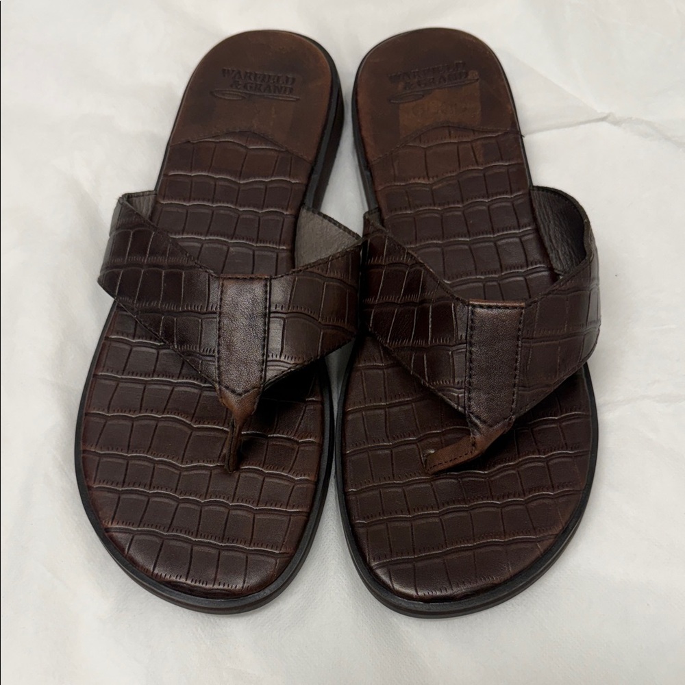 Warfield & Grand Dark Brown Croc-Embossed Leather Toe-Post Sandals